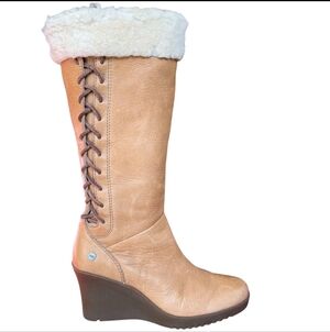 Women's Tan Wedge Boots with Faux Fur Lining